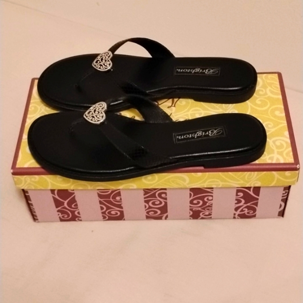 Brighton Orla Snake Print Black Leather Heart Thong Flip Flop Sandals Size 7 - Picture 3 of 5